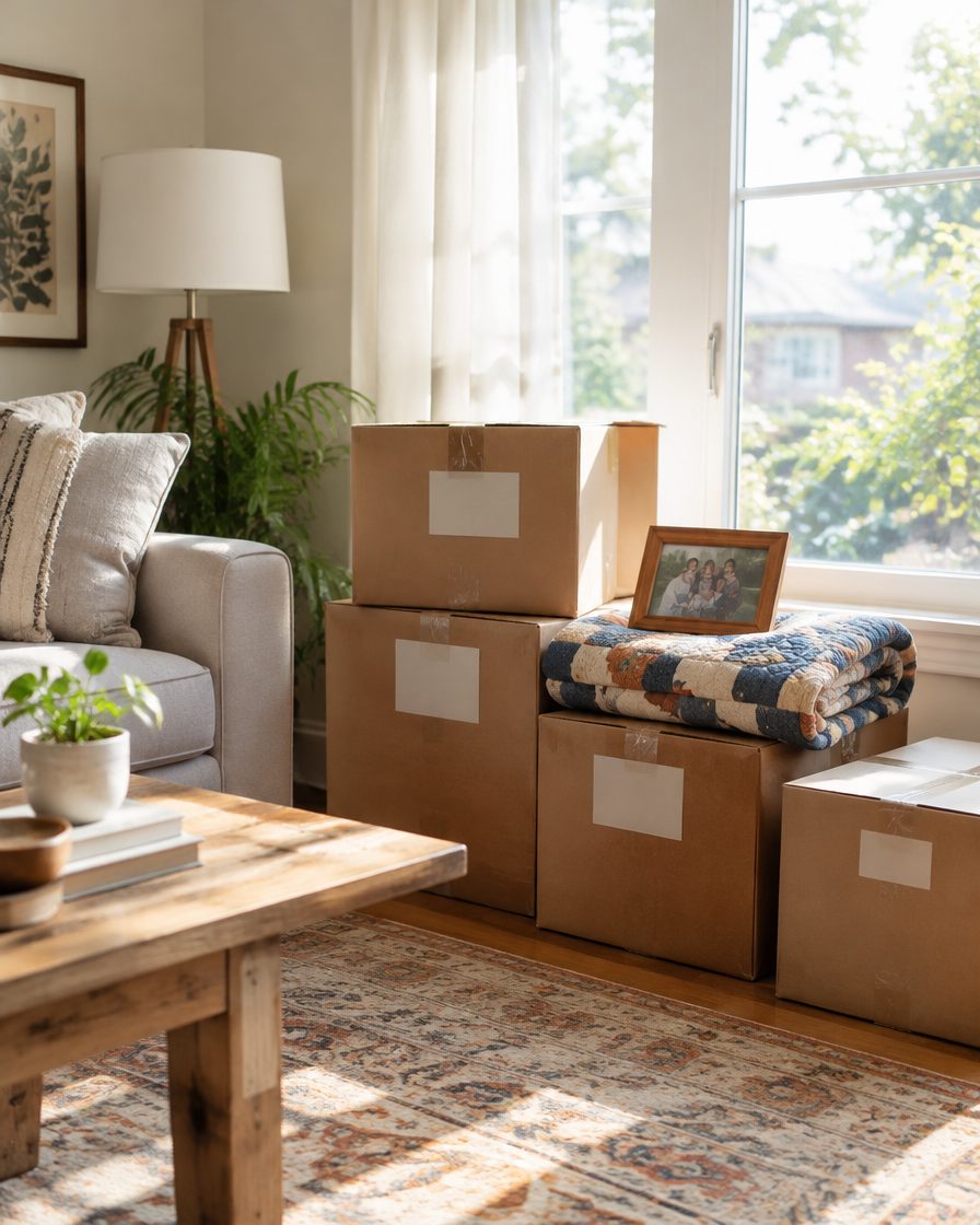 Moving boxes in a sunny living room
